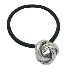 Minimalist black elastic hair tie with a silver polished knot metal ring decoration