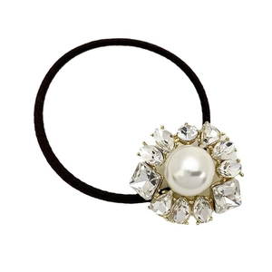 Élastique à cheveux fleuri avec perle centrale, cristaux brillants et ruban noir