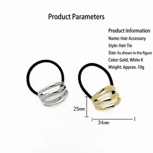 Minimalist metallic elastic hair band with triple curved hollow gold and silver plates