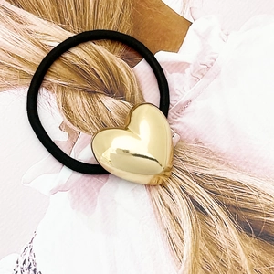 Minimalist gold heart hair tie with black high-elastic band for ponytail styling