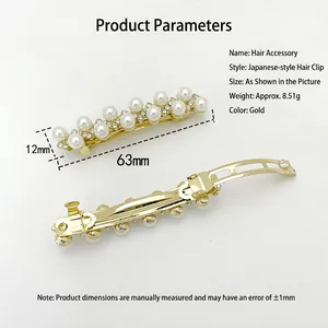 Barrette dorée élégante avec perles et strass vue de face et de dos pour femmes