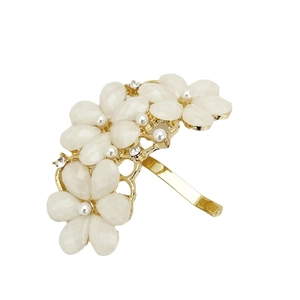 Elegante gancio per capelli floreale con perle bianche e strass su base dorata