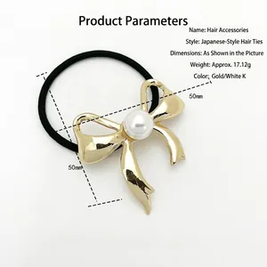 High-elastic hair tie with elegant golden alloy bow and white pearl accent for high ponytails