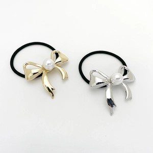 Elegant Alloy Bowknot Artificial Pearl Hair Tie High Elasticity Ponytail Holder For Women Fashion Light Luxury Hair Rope Accessory