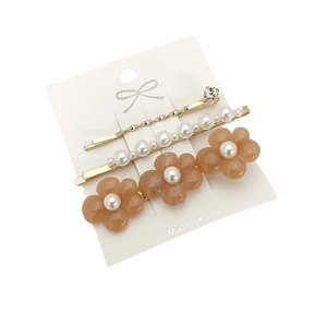Set aus 3 Blumen-Haarspangen mit bernsteinfarbenen Harzblüten, Perlen und Gold-Details