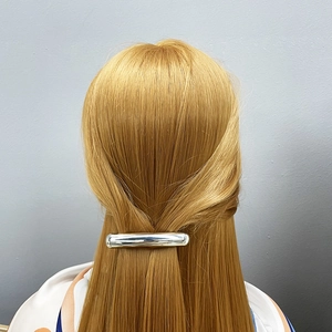 Minimalist silver cylindrical alloy hair clip shown on long straight hair back view
