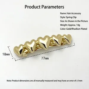 Minimalist gold heart spring hair clip with five linked hearts 77mm product dimensions