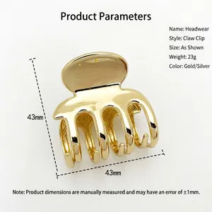 Minimalist square golden alloy hair claw clip with 43mm polished metallic finish