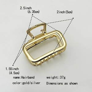 Polished gold rectangular hollow hair claw clip for women with detailed size measurements