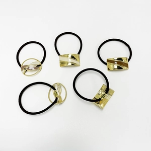 Five-piece geometric metal hair ties set with enamel finish on black elastic bands