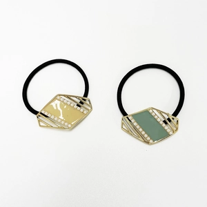 Elegant gold diamond enamel hair tie set with faux pearls in beige and sage green