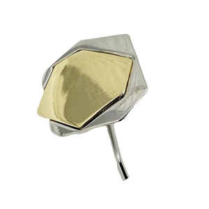Minimalist geometric two-tone hexagon ring with gold and silver polished metal finish