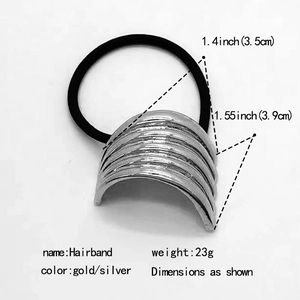 Detail view of U-shaped silver metal alloy hair tie with black elastic band dimensions