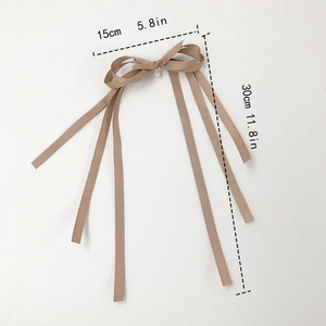 Brown bow hair clip with long ribbons and pearl pendant, 15x30cm size guide view