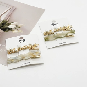 Japanese Style Wave Shaped Hair Clip Set Resin Marble Texture Imitation Artificial Pearl Gold Alloy Duckbill Clips For Women Hairpins