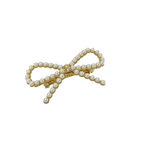 Elegant pearl bow hair clip with gold alloy base and white faux pearls for women