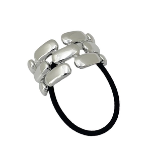 Minimalist alloy chain hair tie with polished silver pebble metal pieces on black elastic band
