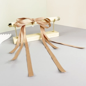 Close-up of champagne bow hair clip with white pearl and long ribbons on a display stand