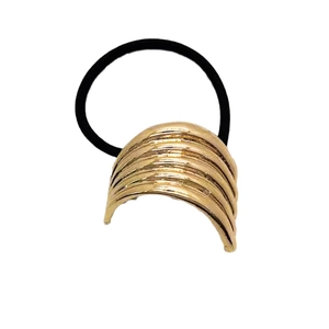 Minimalist U-shaped geometric hair tie with gold wavy metal decor on black elastic band