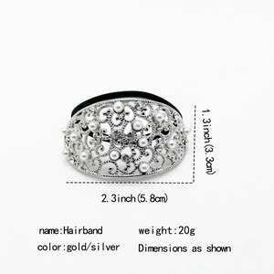 Elegant silver alloy hairband with faux pearls and rhinestones on high elastic rope