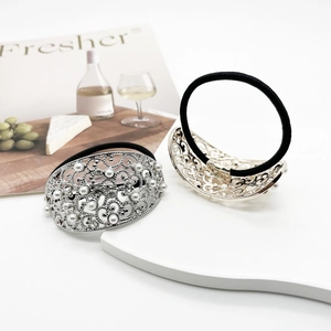 French style pearl hair tie set with silver hollow alloy oval and elastic black rope