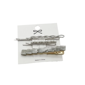 Lot de 3 barrettes élégantes avec épingles argentées ondulées et barrette en marbre