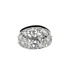 Elegant silver alloy hair tie with hollow pattern and pearls on black elastic band
