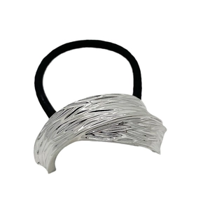Minimalist silver metal hair tie with striped texture and high elastic black rope