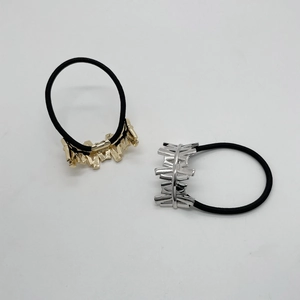 Irregular alloy U-shaped ponytail holder in gold and silver finish with black elastic band