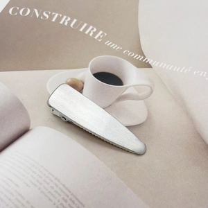 Detail showing matte brushed silver metal hair clip on lifestyle magazine background