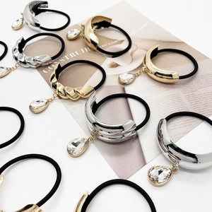 U-shaped alloy ponytail holders with elastic hair ties and teardrop crystal pendants
