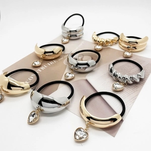 Chic U-shaped alloy hair ties with heart crystal charms in gold and silver finishes