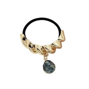 U-shaped alloy ponytail holder with golden twist metal and dark green mineral stone pendant