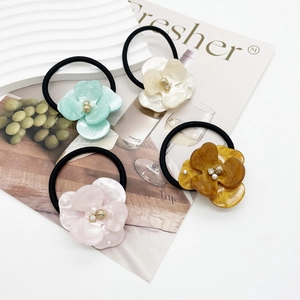Elegant Acetate Flower Hair Tie Korean Style Artificial Pearl Rhinestone Elastic Hair Band For Women Fashionable Hair Accessories