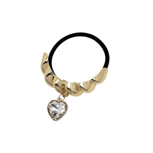 U-shaped alloy ponytail holder with golden twisted metal and heart crystal pendant
