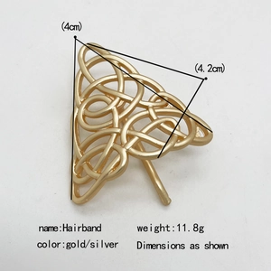 Vintage gold alloy triangle hair clip with Celtic knot design and dimensions 4cm x 4.2cm