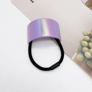 Detail of a purple holographic U-shaped hair tie with high-elastic black rubber band