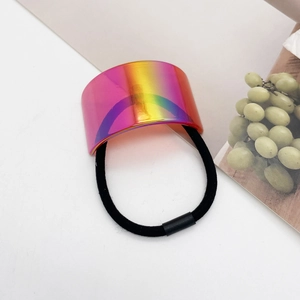 Macro view of stylish square U-shape hair tie with aurora iridescent finish and black cord