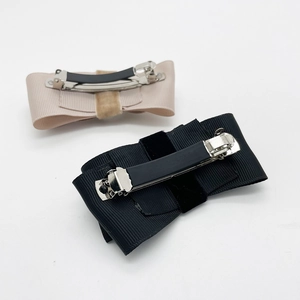 Sweet double-layer rhinestone bow hair clips in pink and black with spring metal back