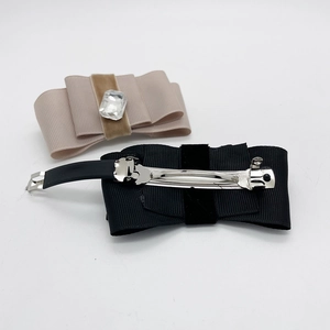 Elegant rhinestone bow spring hair clips with double-layered grosgrain ribbon for women