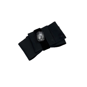 Elegant double-layered black grosgrain bow hair clip with central grey gemstone