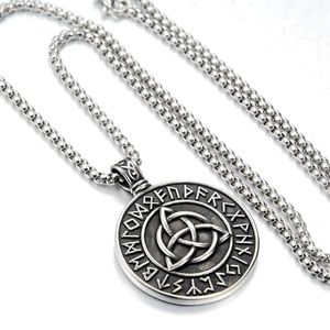 Double-sided Celtic Knot Triquetra pendant necklace with Nordic Runes in vintage steel
