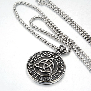 Double-sided Celtic knot pendant necklace with Nordic runes in vintage steel