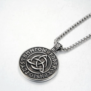 Close-up of Celtic Triquetra knot pendant with Viking Runes on durable box chain