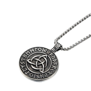 Men's vintage Celtic knot necklace with runes pendant on a stainless steel box chain