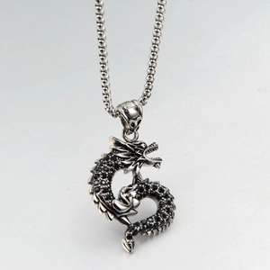 Vintage Dragon Pendant Necklace Stainless Steel Black Zirconia Inlaid Punk Hip Hop Style Jewelry For Unisex Daily Party Accessory