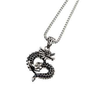 Gothic dragon pendant necklace with black crystals on a square box chain for men