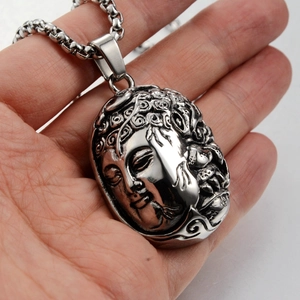 Vintage stainless steel Buddha pendant necklace with retro relief carving on thick chain