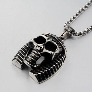 Gothic Pharaoh Skull Pendant Necklace in Stainless Steel with a Polished Box Chain Link