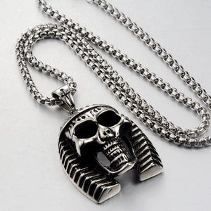 Vintage stainless steel Pharaoh skull pendant necklace with box chain for men